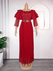Elegant Women Party Evening Dresses Long Sleeve Pleated Maxi Robe African Dashiki Outfits Office Ladies Overalls Africa Clothing SHOWLU FASHION STORE