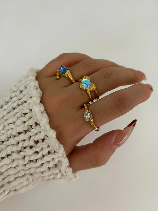 Peri'sbox Vintage Elegant Gold Plated Geometric Moonstone Zircon Rhinestone Open Rings for Women Party Daily Jewelry Waterproof