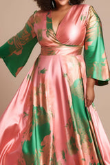 Women‘s Plus Size Satin Dress Vacation Elegant Pink Colorblock Flare Long Sleeve Wedding Guest V-Neck Maxi Dresses SHOWLU FASHION STORE