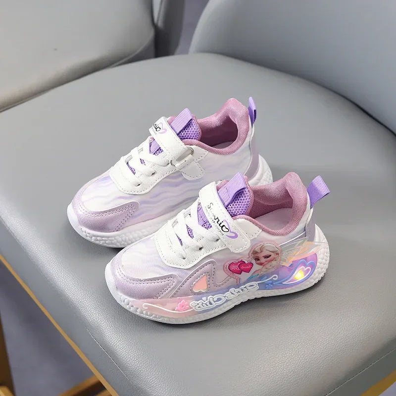 Disney LED Casual Sneakers Pink Purple For Summer Girls Frozen Elsa Princess Print Outdoor Shoes Children Lighted Non-slip Shoes SHOWLU FASHION STORE
