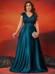 Plus Size Elegant V-Neck Green Sequins Evening Dress Long Luxury Women Satin Short Sleeves Wedding Party Prom Cocktail Gowns SHOWLU FASHION STORE