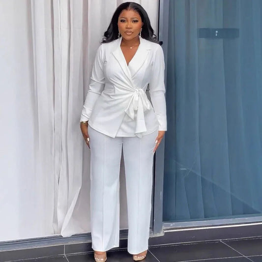 Elegant White Formal Two Piece Set for Women Matching Sets Office Lady Club Business Bandage Ruched Coat and Wide Leg Pant Suits