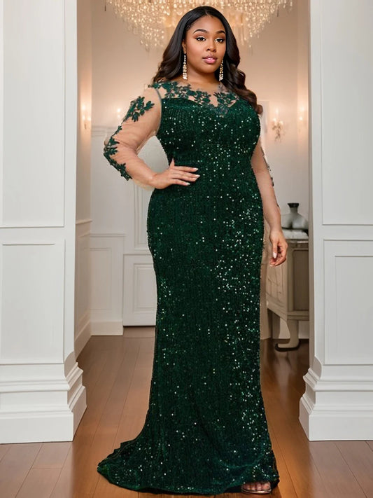 Curve Evening Party Long Dress Lace Patchwork Sequined Velvet Full Sleeved Hollow Out Maxi Prom Gown for Women
