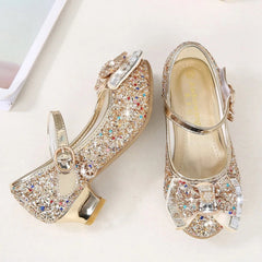 Princess Kids Leather Shoes for Girls Flower Casual Glitter Children High Heel Girls Shoes Butterfly Knot Gold Silver SHOWLU FASHION STORE