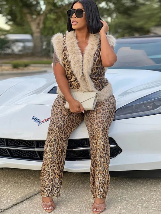 2 Piece Women Set Dashiki African Clothes Leopard Sequin New Fashion Sleeveless Top And Pants Suit Party Lady Matching Sets SHOWLU FASHION STORE