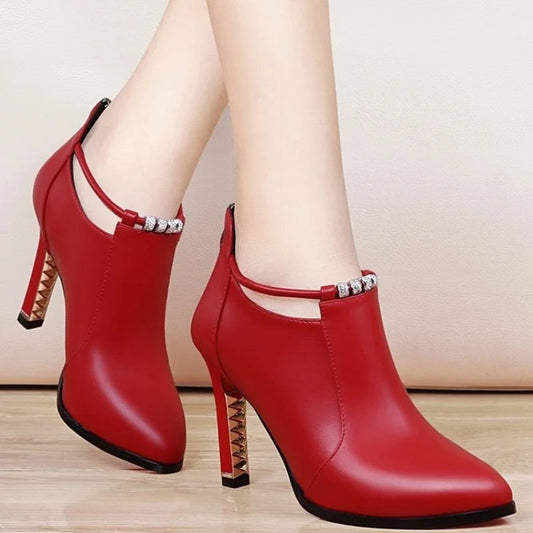 2023 New Women Red Women's Boots Stilettos Heels Ankle Boot Leather Casual Elegant Short Shoes Spring Summer Pumps Size 34 SHOWLU FASHION STORE