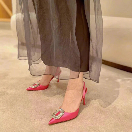 Rhinestone Toe Sandals Women's New Black Versatile Temperament Silk Pointed Toe Back Strap Stiletto Heels
