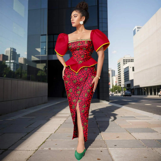 Africa Ankara Printed Women's Dress Short Sleeve Patchwork Square Neck Bubble Sleeve Split Dresses 2425186 SHOWLU FASHION STORE