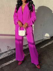 QFAF Fashion Pleated Women's Set Long Sleeve Oversized Shirt and Wide Leg Pants 2023 Elegant Tracksuit Two 2 Piece Set Outfits SHOWLU FASHION STORE