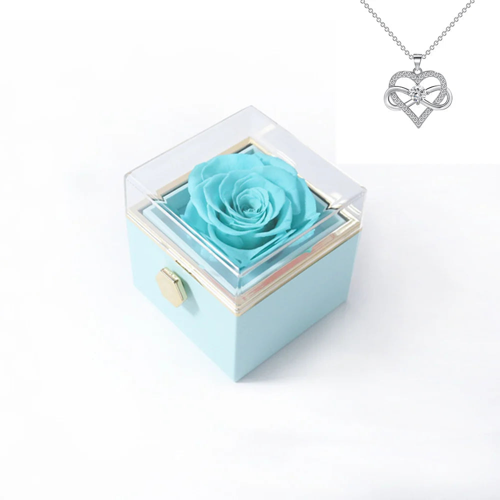 Rotating Rose Gift Box Acrylic Ring Necklace Preserved Flower Jewelry Box For Girlfriend Mother Valentine's Day Christmas Gifts SHOWLU FASHION STORE