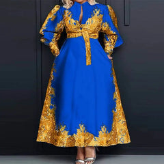 Plus Size 5XL VONDA Elegant Dress Women Summer Long Sleeve Belted Printed Maxi Long Dress Buttons Vintage Casual Robe Femme SHOWLU FASHION STORE