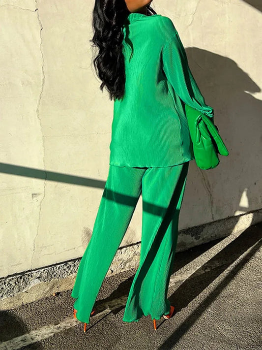 QFAF Fashion Pleated Women's Set Long Sleeve Oversized Shirt and Wide Leg Pants 2023 Elegant Tracksuit Two 2 Piece Set Outfits SHOWLU FASHION STORE