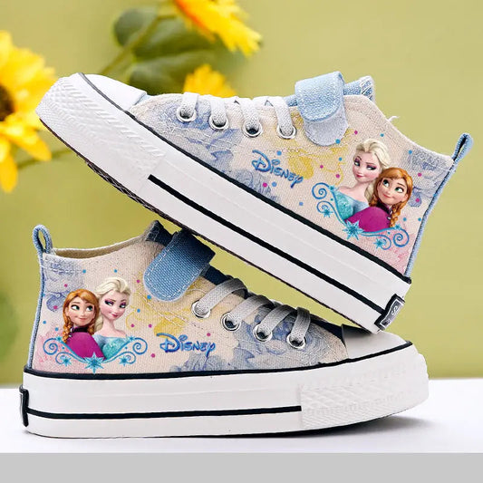 Disney Girls' Casual Canvas Shoes Frozen Princess Elsa Children's White Shoes Breathable Soft Sole High Top Casual Shoes Size 24
