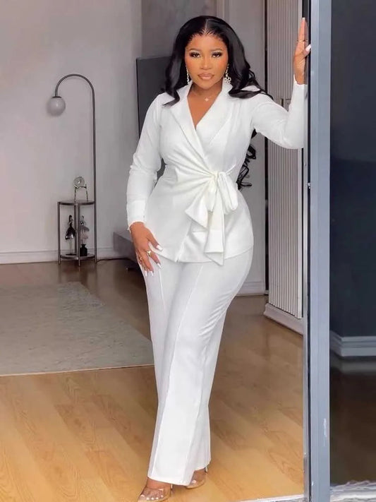 Autumn Womens White Suit Long Sleeve Fashion Blazer Suit with Straight Trouser Chic Elegant Pant Sets Wholesale Dropshipping
