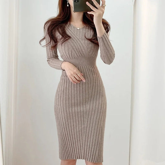 Vintage Long Sleeve Knitted Dresses for Women Party Robe Female Autumn 2021 Retro V-neck Bodycon Dress Korean Slim Waist Vestido SHOWLU FASHION STORE