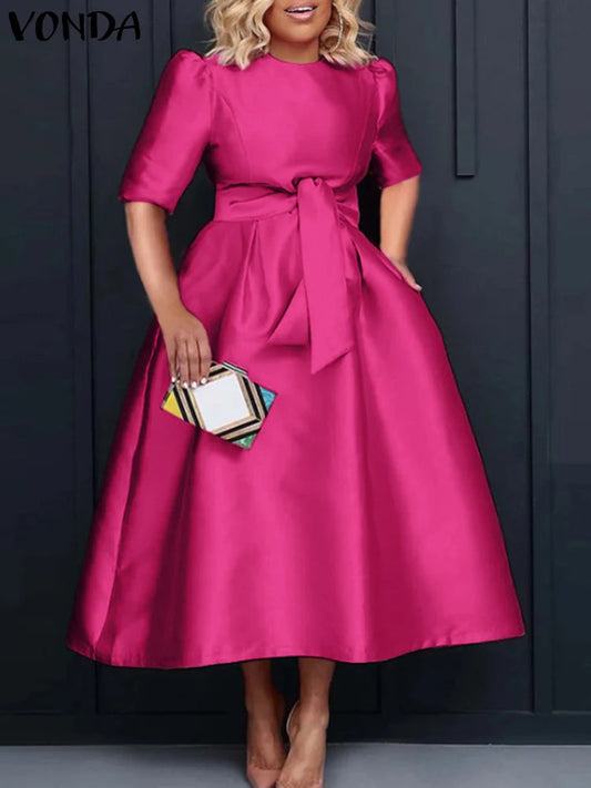 VONDA Plus Size 5XL Elegant Satin Summer Midi Dress 2024 Women Short Sleeve Vestidos Casual Belted Loose Solid Color Long Robe SHOWLU FASHION STORE