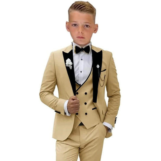 Velvet Peacked Lapel Boy's Suit Set Champagne 4-Pieces Kids Tuxedo Set Blazer Vest Pants Bow-tie For  Birthday Graduation