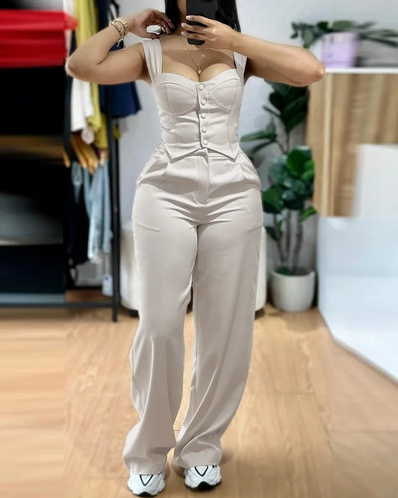 Elegant Women 2 Piece Thick Strap Button Front Slim Fit Tank Top and High Waist Wide Leg Pants Casual Outfit Set SHOWLU FASHION STORE