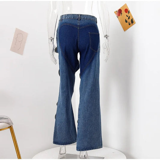 Talenza Women's Summer High Waist Pants Casual Patchwork Sexy Hollow Button Jeans Loose Fashion Streetwear Y2k Women's Pants