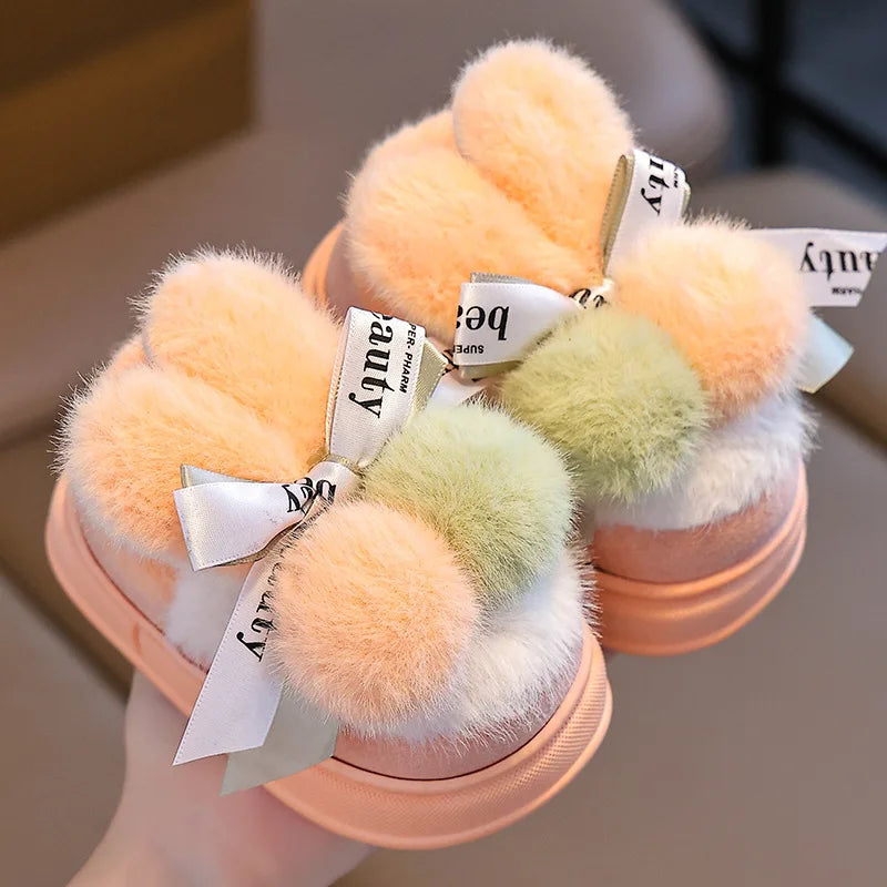 Winter Children Home Slippers Cover Heels Cute Hairball Girls Shoes Soft Non-slip Indoor Baby Boys Cotton Slippers Zapatos Niña SHOWLU FASHION STORE