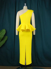 AOMEI Long Party Dress Women Sexy One Shoulder Ruffle Peplum Floral Sleeveless African High Waist  Bodycon Gowns Event Plus Size SHOWLU FASHION STORE