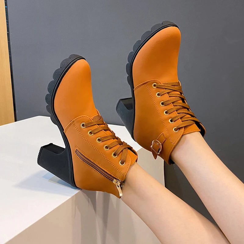 New Spring Winter Women Pumps Boots High Quality Lace-up European Ladies Shoes PU High Heels Boots Fast Delivery Platform Boots SHOWLU FASHION STORE