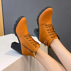 New Spring Winter Women Pumps Boots High Quality Lace-up European Ladies Shoes PU High Heels Boots Fast Delivery Platform Boots SHOWLU FASHION STORE
