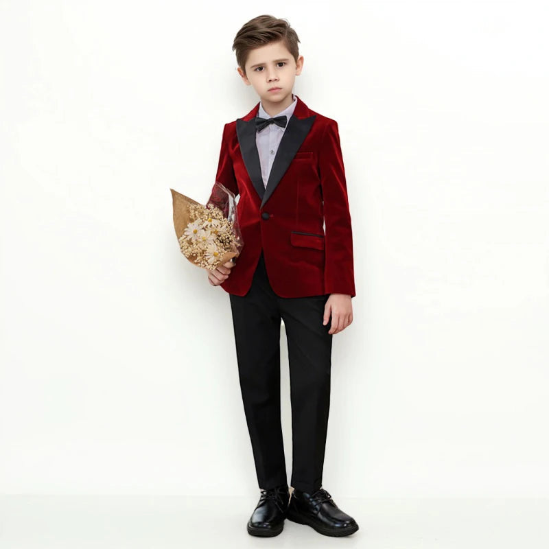 Autumn Boys Red Velvet Suit Set Children Birthday Party Wedding Host Piano Performance Costume Kids Blazer Pants Bowtie Outfit SHOWLU FASHION STORE