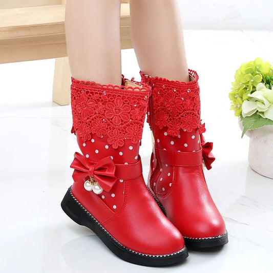JGSHOWKITO Girls Boots Warm Cotton Kids Fashion Boots Children Winter Shoes For Girls Snow Boots PU Leather Lace Bow-knot Sweet SHOWLU FASHION STORE