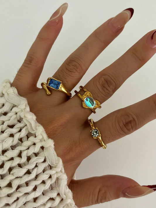 Peri'sbox Vintage Elegant Gold Plated Geometric Moonstone Zircon Rhinestone Open Rings for Women Party Daily Jewelry Waterproof