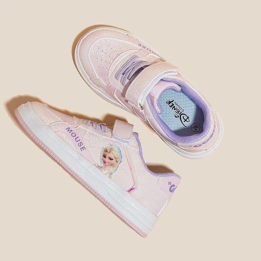 Disney Children's Casual Shoes Elsa Princess Frozen Girls' Sneakers White Pink Breathable Fashion Round Toe Shoes Size 24-37