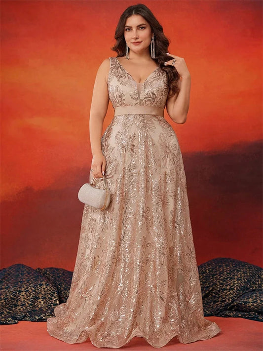 Lucyinlove Plus Size Luxury Deep V-Neck Sequins Blue Evening Dress Women Elegant V-back Wedding Party Long Prom Cocktail Dresses