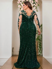 O Neck Illusion Long Sleeve Evening Party Dress Lace Flowers Sequin Mesh Floor Length Prom Gown Elegant Women Plus Size SHOWLU FASHION STORE