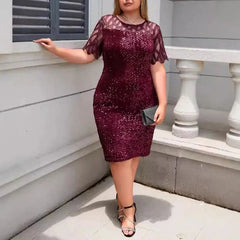 Elegant Sequin Wedding Party Dress For Women Casual Mesh Short Sleeve Lace Bodycon Evening Gown Dresses Ladies Fashion Vestido SHOWLU FASHION STORE