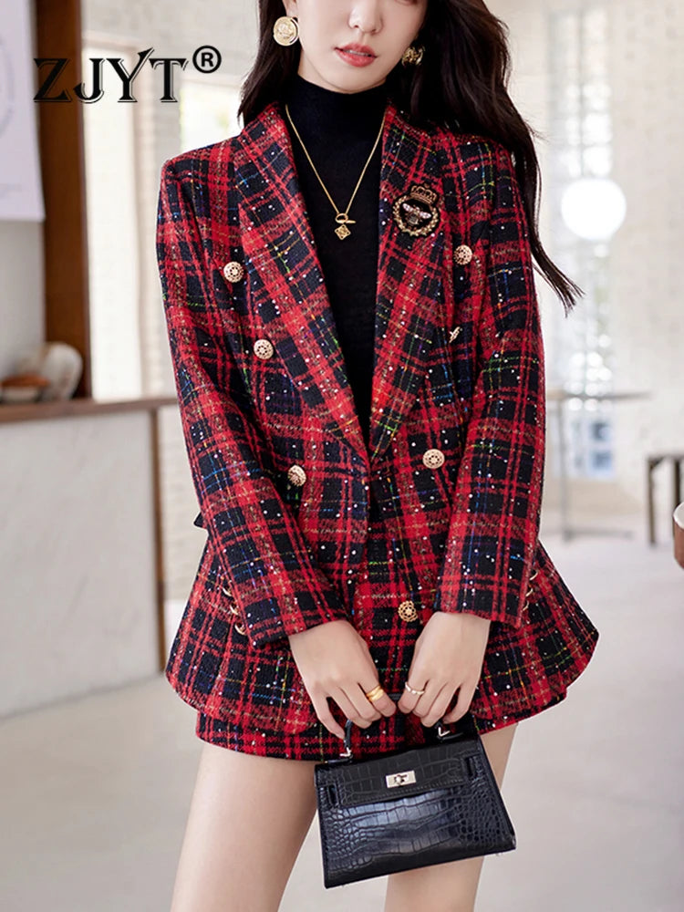 ZJYT Elegant Plaid Tweed Blazer Shorts Suits Autumn Winter Outfits for Women 2 Piece Business Chic Office Matching Set Plus Size SHOWLU FASHION STORE