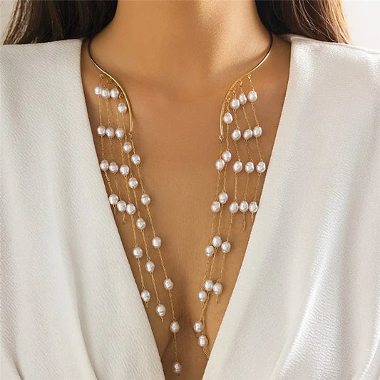 Showlu Fashion Store 0 Silver Link Sexy Goth Long Tassel Star Crystal Sequin Pendant Open Torques Choker Necklace for Women Vintage Chest Chain Wed Accessories New
