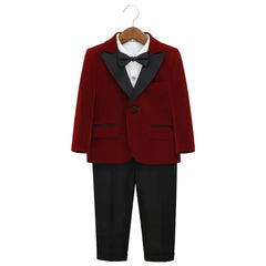 Autumn Boys Red Velvet Suit Set Children Birthday Party Wedding Host Piano Performance Costume Kids Blazer Pants Bowtie Outfit SHOWLU FASHION STORE