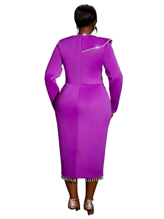 Exquisite Purple Long Sleeve Evening Dress with Pearl Chain Decor Perfect for Special Occasions Combining Elegance Dresses SHOWLU FASHION STORE