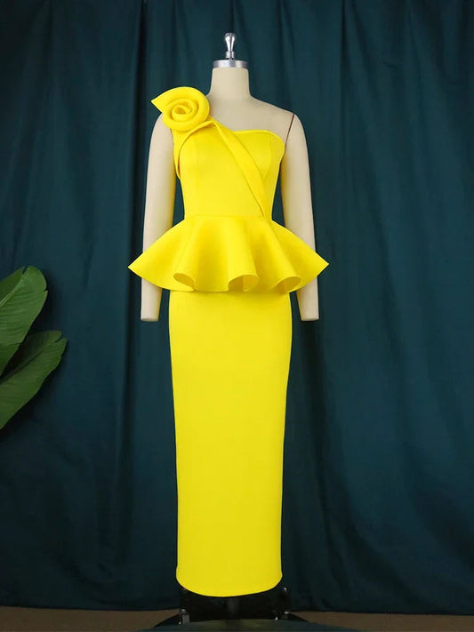 AOMEI Long Party Dress Women Sexy One Shoulder Ruffle Peplum Floral Sleeveless African High Waist  Bodycon Gowns Event Plus Size SHOWLU FASHION STORE