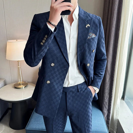 (Jacket+Pants) 2 Pieces Blue Apricot Business Party Men Suits Double Breasted Formal Style Custom Made Wedding Groom Tuxedos SHOWLU FASHION STORE