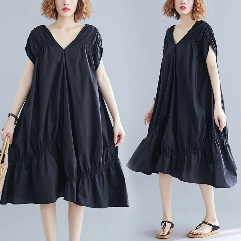 V-neck Dress Irregular Oversized Loose Skirt Black Pleated Fishtail Skirt Fashionable Off The Shoulder New Style Plus Size SHOWLU FASHION STORE