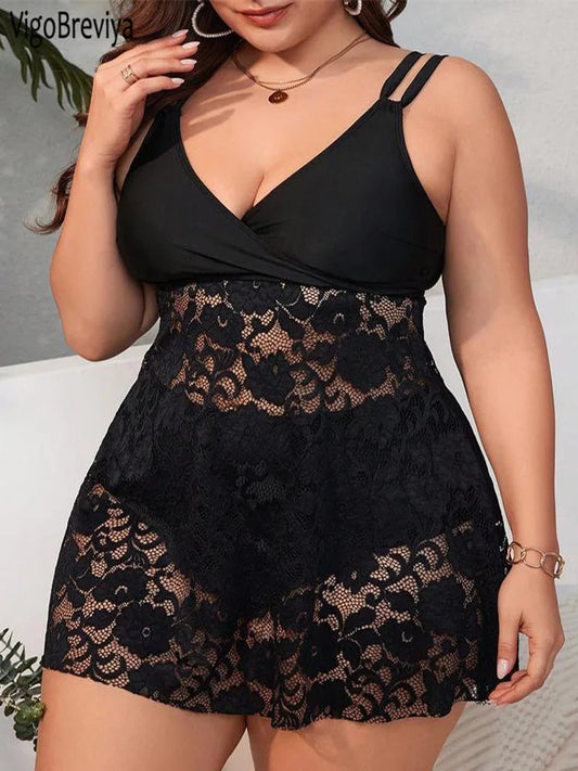 VigoBreviya 2025 Lace Patchwork Two Piece Plus Size Tankini Set Women High Waist Curvy Swimsuit Lady Brazilian Big Bathing Suit
