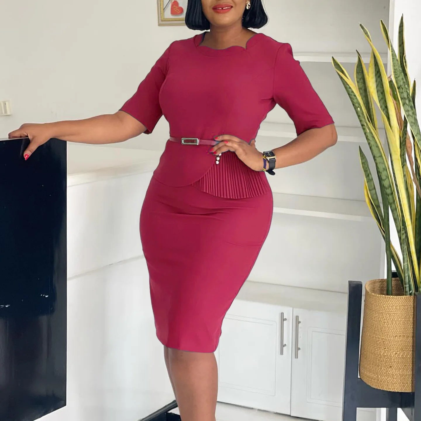 2024 Autumn Winter New Dress for Woman Square Neck Half Sleve Sheath Package Hips Belt Waisted Formal Work Bodycon Dress Midi OL SHOWLU FASHION STORE