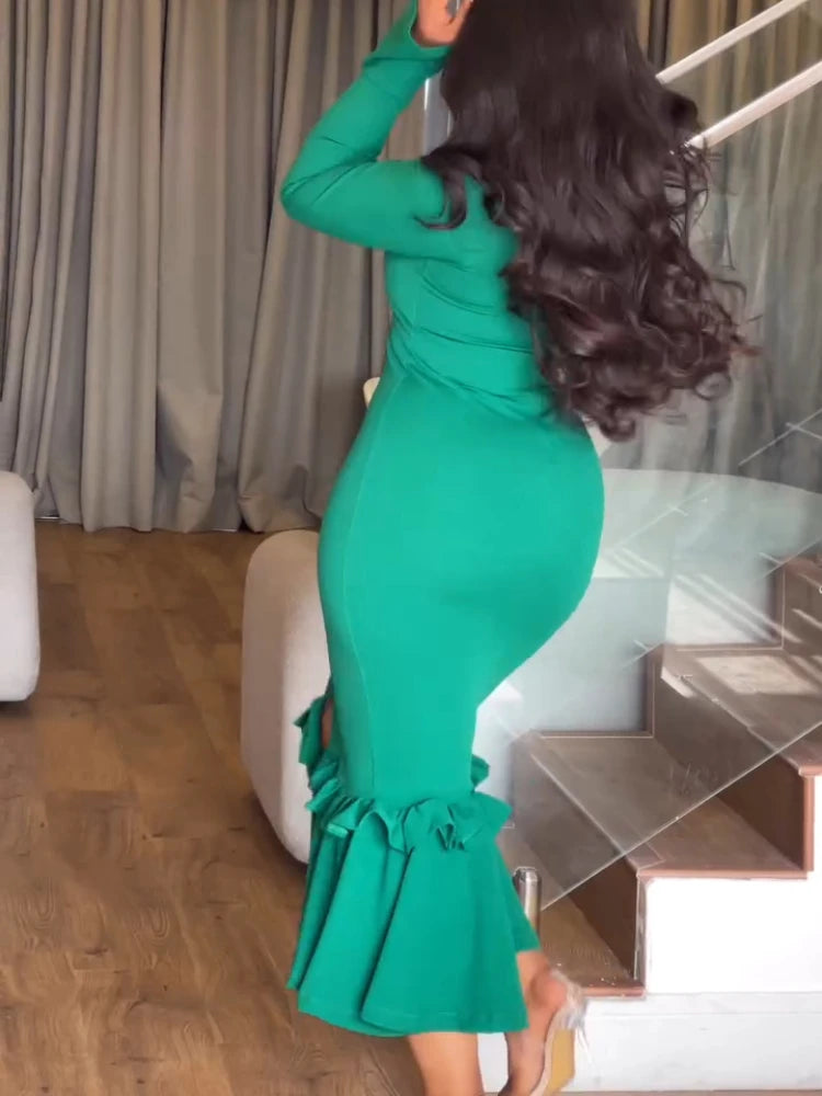 Ruffle Bodycon Long Sleeve Slim Fit Maxi Dress for Women Country Concert Outfit Going Out Outfits Summer Fashion SHOWLU FASHION STORE
