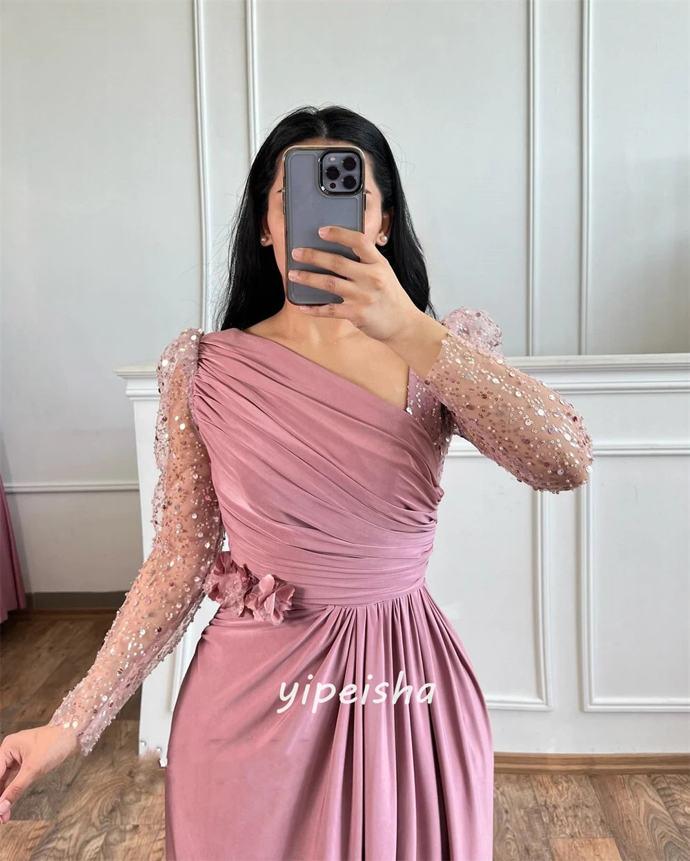 Customized Jersey Sequined Flower Beading Ruched Cocktail Party A-line V-neck Bespoke Occasion Gown Long Dresses SHOWLU FASHION STORE