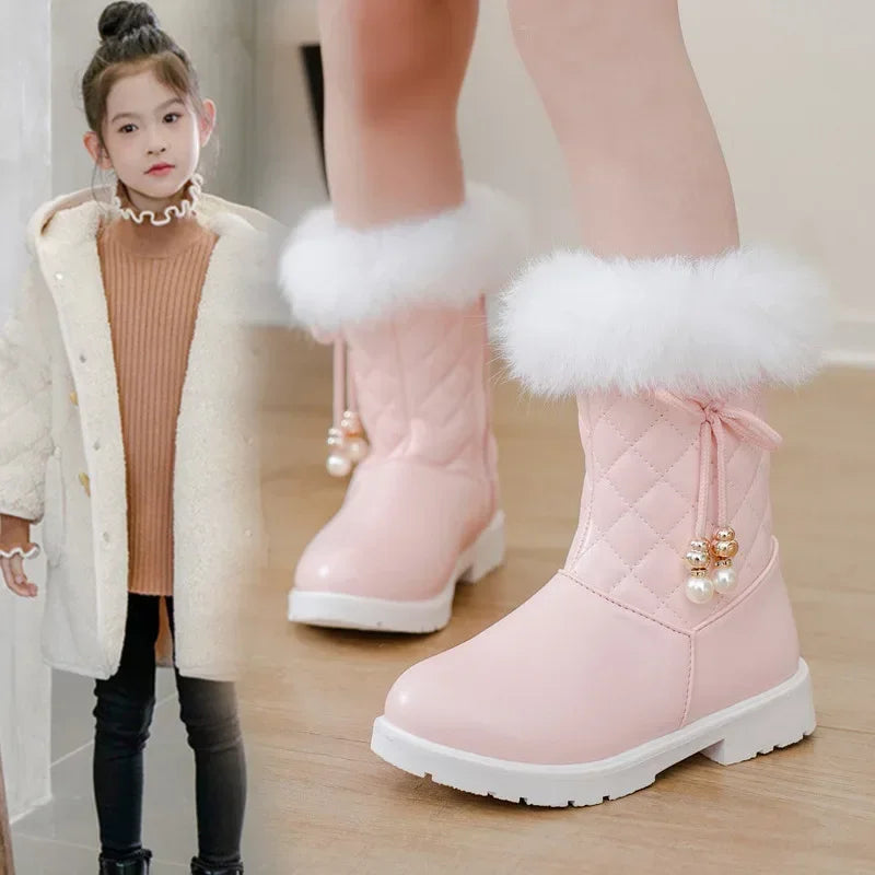 Girls Princess Boots Warm Shoes for Winter Kids Long Boots with Fur 2024 New Fashion Sweet Girls Leather Snow Boots with Bow SHOWLU FASHION STORE