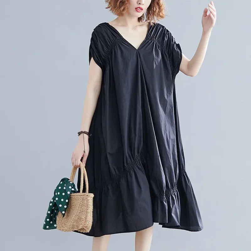 V-neck Dress Irregular Oversized Loose Skirt Black Pleated Fishtail Skirt Fashionable Off The Shoulder New Style Plus Size SHOWLU FASHION STORE