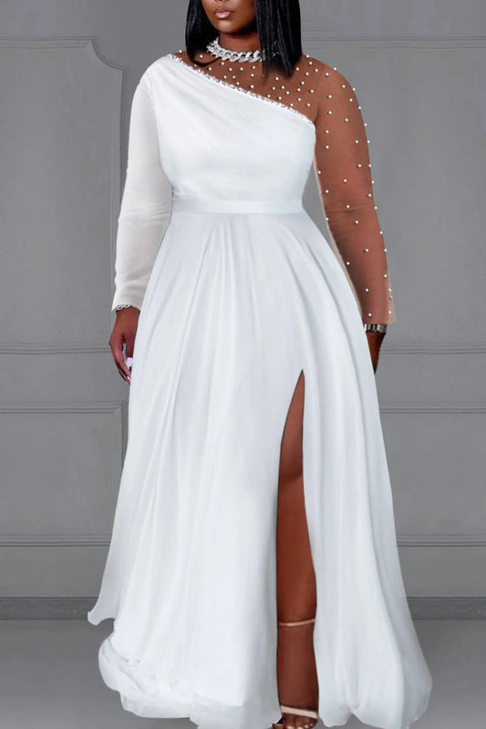 Plus Size Women's Wedding Party Dress White Round Neck Long Sleeve Split Pearls Maxi Dresses One Shoulder Elegant New Dress SHOWLU FASHION STORE
