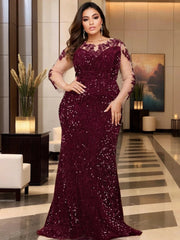 O Neck Illusion Long Sleeve Evening Party Dress Lace Flowers Sequin Mesh Floor Length Prom Gown Elegant Women Plus Size SHOWLU FASHION STORE
