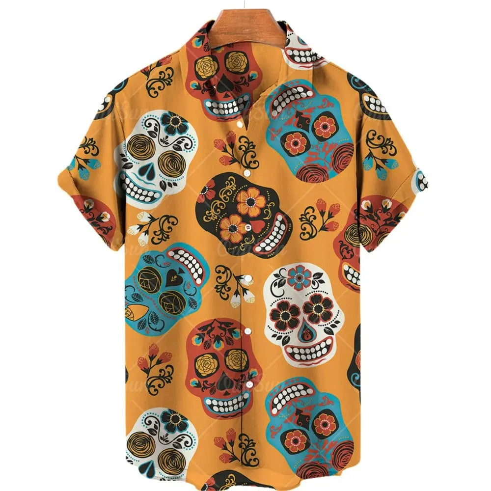 Skull Print Hawaiian Polo Shirt - SHOWLU FASHION STORE